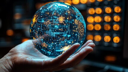 Poster - Close-up of a man's hand holding a blue, glowing, futuristic energy sphere with holographic symbols.