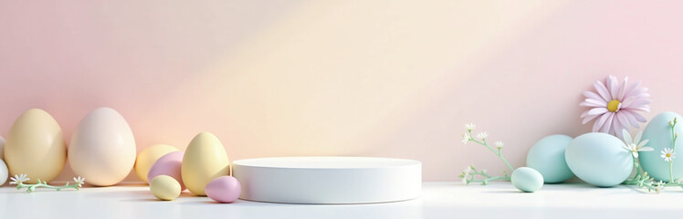 Poster - Simple Podium Featuring A Soft Gradient Of Easter Colors, White Background Detailed Light Effects, Realism