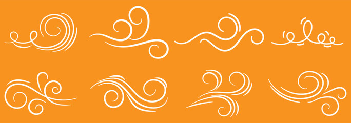 Doodle wind line sketch set. Hand drawn doodle wind motion, air blow, swirl elements. Sketch drawn air blow motion, smoke flow art, abstract line. Isolated vector illustration.