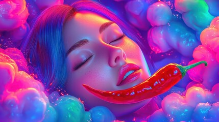 dreamlike scene of a chili pepper levitating in the clouds, with soft sunlight casting a warm glow a