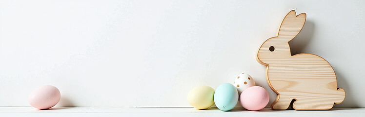 Aufkleber - Rustic Wood Bunny Sign Sits Alongside Pastel Easter Eggs On A White Background With Plenty Of Copy Space Left Over Nearby.