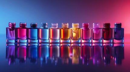 Poster - A series of nail polish bottles in varying colors are displayed in a line, reflecting vibrant hues from soft lighting in a contemporary environment during the evening.