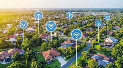 Poster - Aerial view of a futuristic city with digital data connections visible.