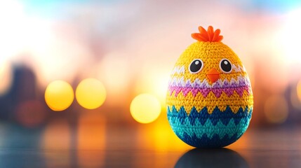 Poster - Colorful knitted chick decoration stands on a smooth surface during a vibrant sunset