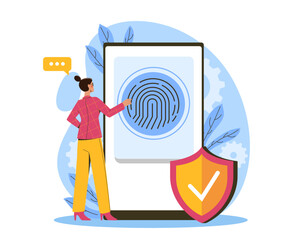 Poster - Woman using fingerprint for security on tablet, flat graphic style, on white background. Concept of biometric authentication. Vector illustration