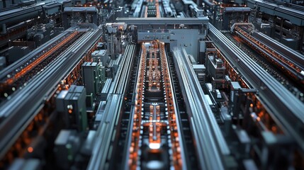 Poster - Aerial view of a massive automotive assembly line with multiple workstations.