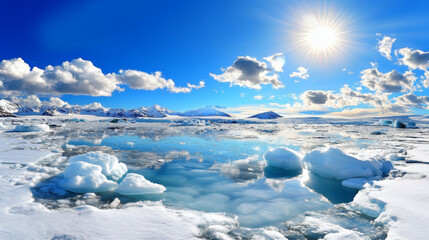 Poster - Vast icy landscape under a bright sun with scattered clouds