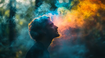 Poster - Amidst a serene forest, a man with curly hair stands in profile, enveloped in vibrant hues of blue and orange smoke, creating a mystical atmosphere at twilight