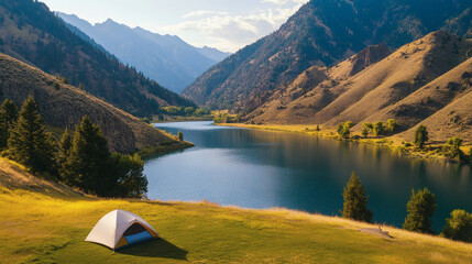 Poster - Serene lake view with a tent surrounded by mountains and greenery