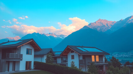 Poster - Scenic mountain view with houses under a colorful sky