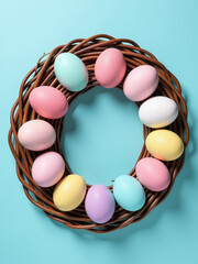 Poster - Pastel Easter Eggs Are Arranged On A Wicker Wreath Against A Light Blue Background In A Creative Springtime Composition.
