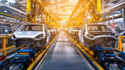 Poster - Automated vehicle production process in a spacious, high-tech car manufacturing facility.