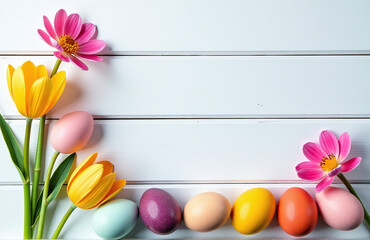 Poster - Natural Dyed Colorful Eggs And Spring Flowers Create A Beautiful, Rustic Scene Against A White Wooden Background With Plenty Of Space.