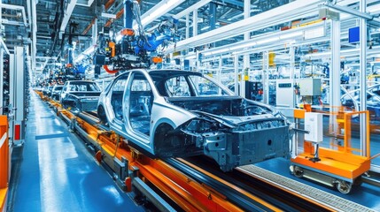 Poster - Automated vehicle production process in a spacious, high-tech car manufacturing facility.