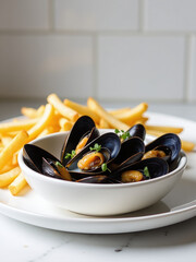 Poster - Mussels Cooked In A Plate Cocotte Served With Crispy Fries Against A Clean White Kitchen Background Photo.