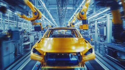 Poster - Automated vehicle production process in a spacious, high-tech car manufacturing facility.