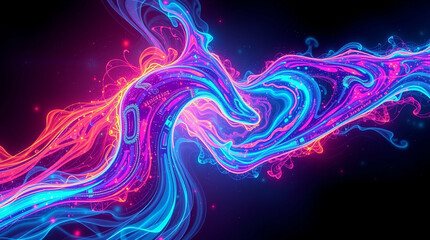 Poster - Abstract network visualization with luminous neon data stream on dark backdrop