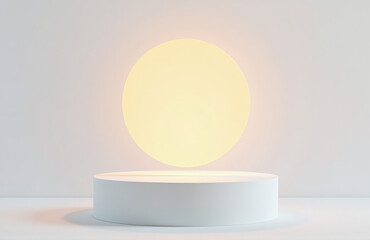 Poster - Modern Podium With A Floating Easter Sunrise Shape, White Background Detailed Light Effects, Realism