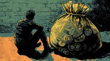 Poster - Bitcoin money concept, vector illustration, crypto finance coin in huge hand, flat business man character sit near huge currency bag.