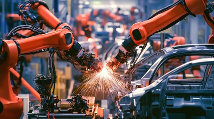 Poster - Auto assembly line with precision robots welding and assembling vehicle parts in sync.