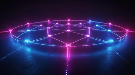 Aufkleber - Neon Circles Connected with Light Beams in Dark Environment