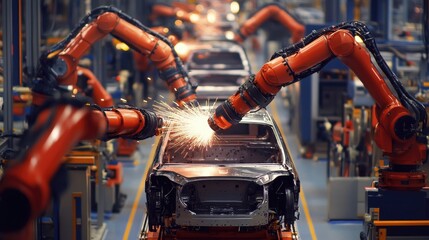 Poster - Auto assembly line with precision robots welding and assembling vehicle parts in sync.