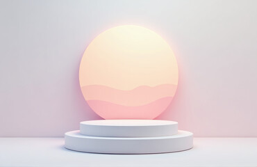 Poster - Minimalist Podium With An Abstract Pastel Sunrise Effect, White Background Complex Gradients, High Realism
