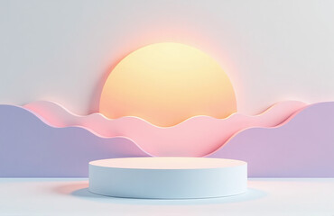 Poster - Minimalist Podium With An Abstract Pastel Sunrise Effect, White Background Complex Gradients, High Realism