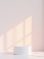 Poster - Minimalist Podium Featuring A Gentle Pastel Sunrise For Spring, White Background Detailed Light Gradients, Realism
