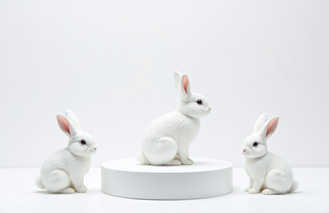 Poster - Minimalist Podium Decorated With Three Simple Outlined Easter Bunnies, White Background Realistic Fur, Excessive Detail