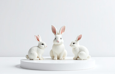 Poster - Minimalist Podium Decorated With Three Simple Outlined Easter Bunnies, White Background Realistic Fur, Excessive Detail