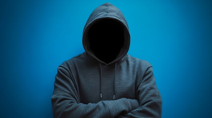 Poster - Hacker wearing hoodie is hiding face with arms crossed on blue background