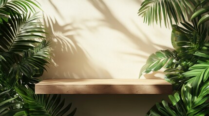 Poster - Wooden Shelf Surrounded by Lush Green Leaves and Shadows