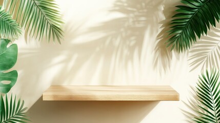 Poster - Wooden Shelf Display with Tropical Greenery and Soft Shadow Effects