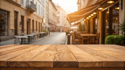 Poster - A wooden table with a view of a city street