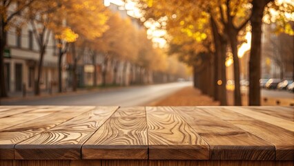 Poster - A wooden table with a view of a city street