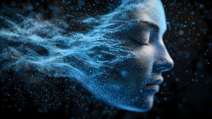 Aufkleber - Woman face transforming into flowing particles on black background