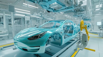 Poster - A futuristic automotive assembly plant focusing on the production of electric vehicles.