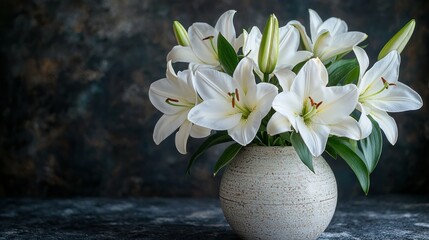 Poster - White Lilies in Vase on Dark Background