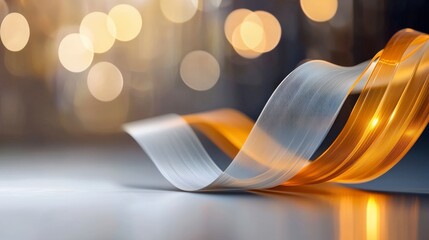 Poster - Elegant Wave of Transparent Film with Soft Bokeh Lights in a Warm Color Palette for Creative Projects