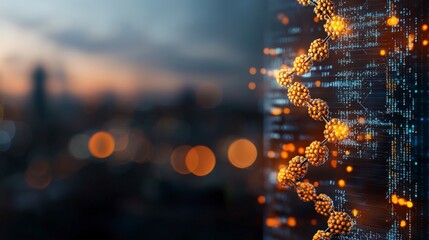 Poster - Abstract representation of DNA strands overlaid with digital data and glowing particles in a futuristic landscape