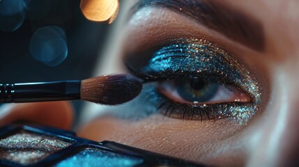 Poster - A makeup artist skillfully applies vibrant blue glitter eyeshadow to a client's eyelid, showcasing intricate details and bright studio lights. The focus emphasizes the artistic process.