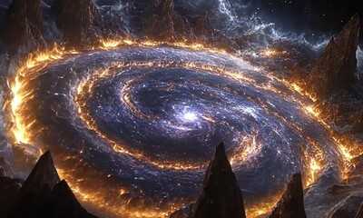 Poster - orange smoke vortex surrounded by sharp mountain rocks
