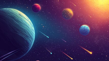 Wall Mural - colorful cosmic scene with planets and comets in starry sky
