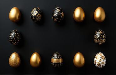 Aufkleber - Golden, Black, And White Easter Eggs Are Laid Out On A Black Background With Painted Designs And Empty Spaces Around Them.