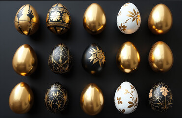 Aufkleber - Golden, Black, And White Easter Eggs Are Laid Out On A Black Background With Painted Designs And Empty Spaces Around Them.