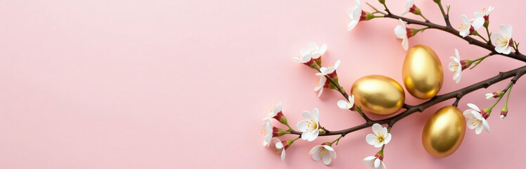 Poster - Golden Easter Eggs Are Arranged Around A Delicate Spring Branch On A Soft Pastel Pink Colored Background With Empty Space To The Left.