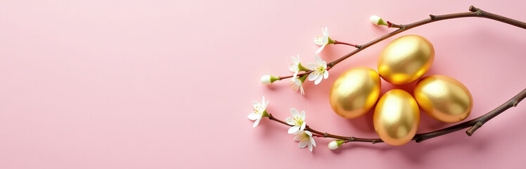 Poster - Golden Easter Eggs Are Arranged Around A Delicate Spring Branch On A Soft Pastel Pink Colored Background With Empty Space To The Left.