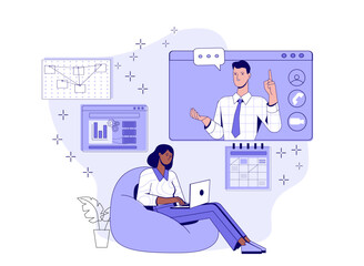 Poster - Person having a video call with a colleague, flat graphic style, on a white background. Concept of remote work and virtual meetings. Vector illustration