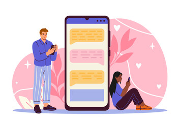 Poster - People using smartphones for messaging, flat style on a pink background. Concept of online communication. Vector illustration